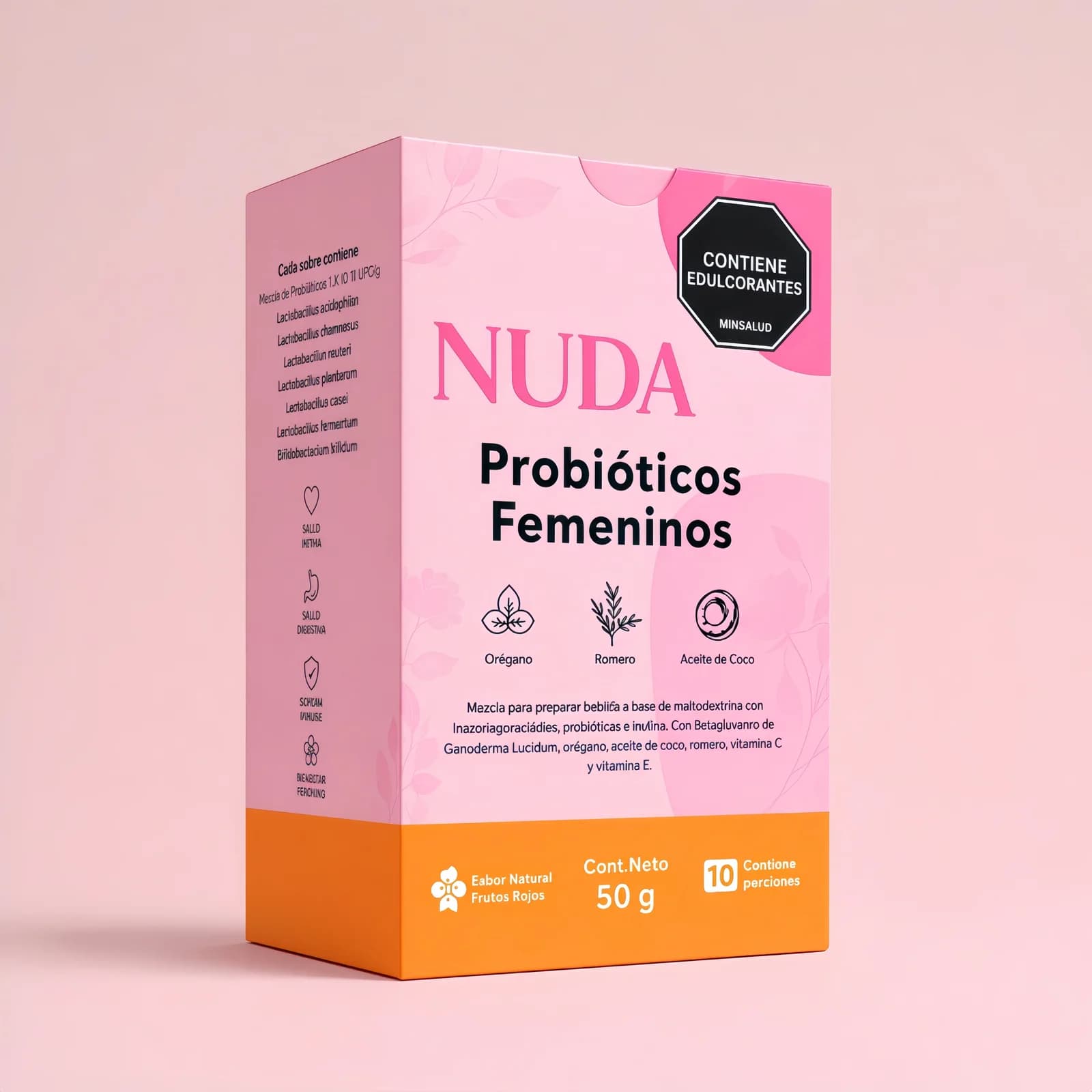 Empaque NUDA Probióticos Femeninos — 7 cepas nombradas en la etiqueta